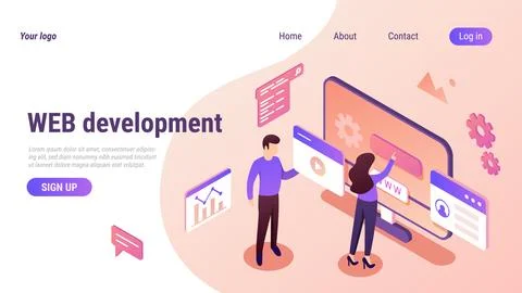 Isometric web design. Website landing page. 3D develop content. Computer 스톡 일러스트