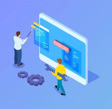 Isometric web developers. Programmers working with interface, mobile app upgrade Stock Illustration