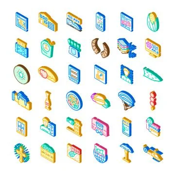 Isometric web icons data food communication technology Illustrazione stock