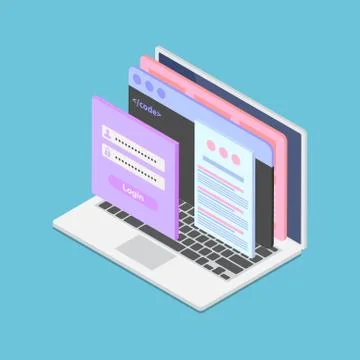 Isometric Web Interface with Adaptive layout Webpage on Laptop Screen 스톡 일러스트