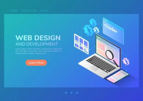 Isometric website development and application interface design on laptop Stock Illustration