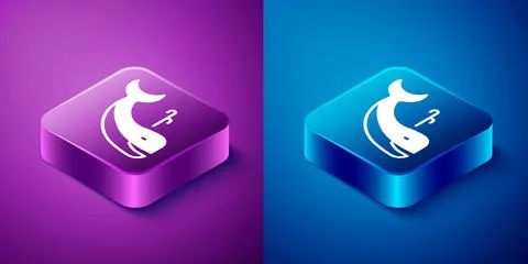 Isometric Whale icon isolated on blue and purple background. Square button... Stock Illustration
