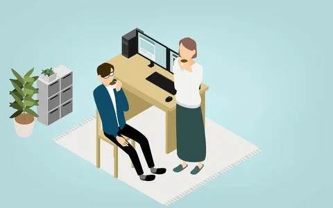 Isometric, where the people who work at home to rest his wife and coffee in Stock Illustration