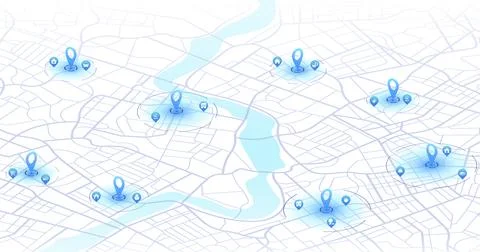 Isometric white city map with blue smart service icons. Vector illustration. Stock Illustration