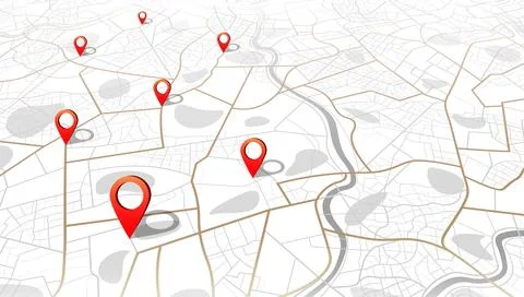 Isometric white city map with multiple red location pointers. Vector Stock Illustration