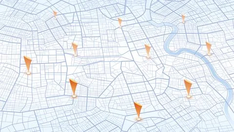 Isometric white city map with orange location markers. 3D urban plan with river Stock Illustration