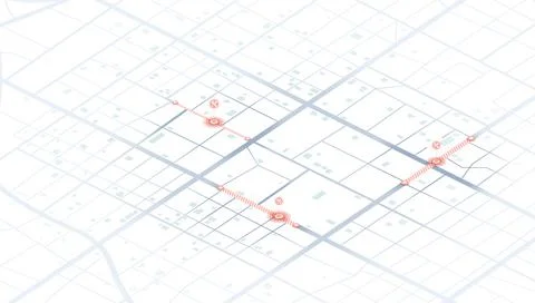Isometric White City Map with Red Roadblock Closure Markers Showing Construction Stock Illustration