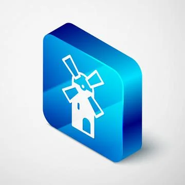 Isometric Windmill icon isolated on grey background. Blue square button. Vector Stock Illustration