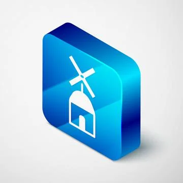 Isometric Windmill icon isolated on grey background. Blue square button. Vector Stock Illustration
