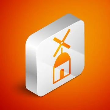 Isometric Windmill icon isolated on orange background. Silver square button Stock Illustration