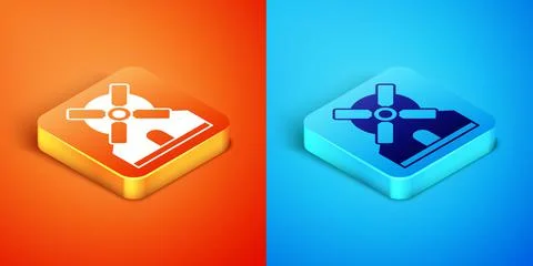 Isometric Windmill icon isolated on orange and blue background. Vector Illustrazione stock