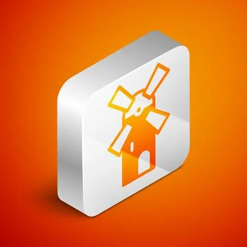 Isometric Windmill icon isolated on orange background. Silver square button.  Stock Illustration
