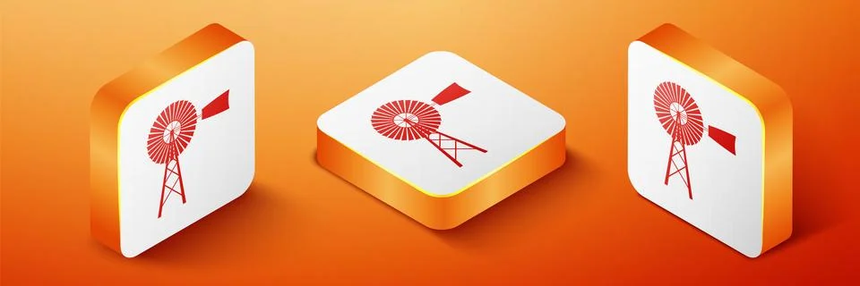 Isometric Windmill icon isolated on orange background. Orange square button Stock Illustration