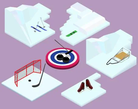 Isometric winter sports elements ski, snowboard, sled, hockey, c Illustrazione stock