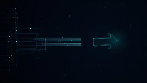 Isometric Wireframe Arrow and Circuit Line Data Stream Motion Graphic Stock Footage 343803287