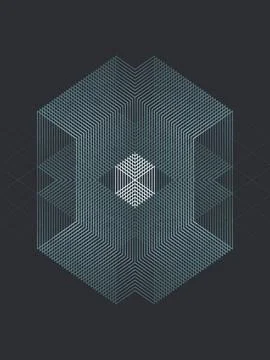 Isometric wireframe cube with glowing core on dark grid, futuristic 3D render Illustrazione stock
