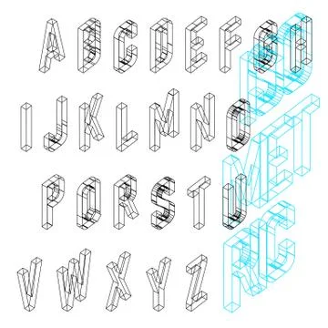 Isometric wireframe font. Upper case 26 latin letters. Stock Illustration