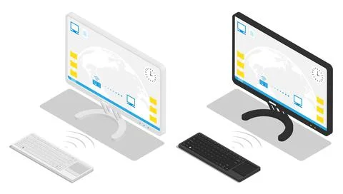 Isometric wireless keyboard connects to the all in one computer. Wireless per 스톡 일러스트