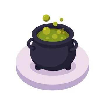 Isometric witch cauldron with bubbling green potion vector illustration Stock Illustration