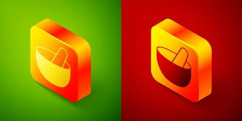 Isometric Witch cauldron icon isolated on green and red background. Happy H.. Stock Illustration