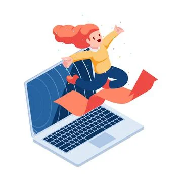 Isometric Woman Jumping Out From Laptop Monitor with Rising Graph Stock Illustration