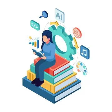 Isometric Woman Reading on Stack of Books to Learn New Skills Stock-Illustration