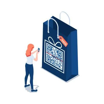 Isometric Woman Scan QR Code in Shopping Bag Stock Illustration
