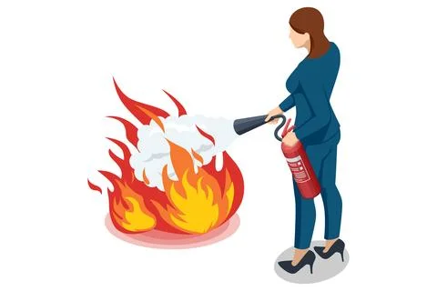 Isometric woman using fire extinguisher on open fire Stock Illustration