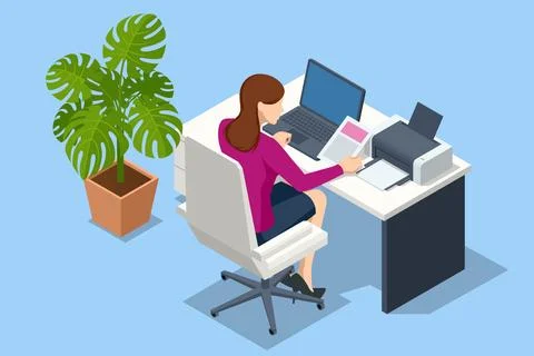 Isometric woman using modern printer in office. New modern printer. Business Stock Illustration