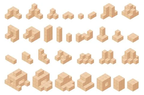 Isometric wooden cubes. Constructor elements, textured blocks, children learning Illustrazione stock
