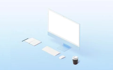 Isometric work desk with computer display, keyboard, mouse, pad, pen and coff Foto stock