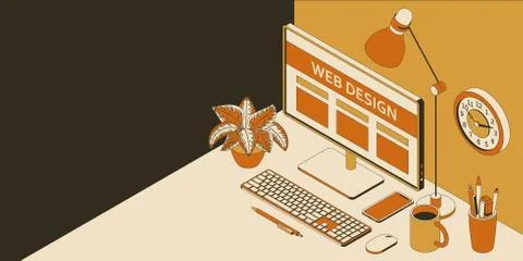 Isometric work place in web design studio with computer, smartphone, clock and Stock Illustration