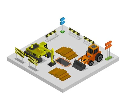 Isometric work in progress in vector on white background Illustrazione stock