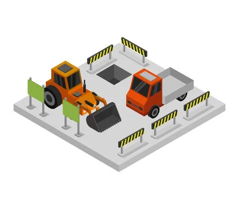 Isometric work in progress in vector on white background Illustrazione stock
