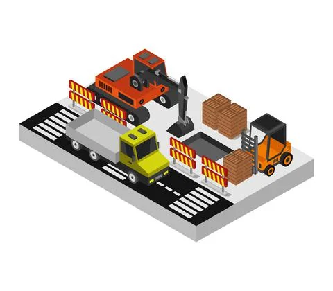 Isometric work in progress in vector on white background Stock Illustration