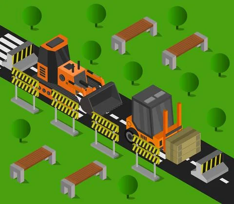 Isometric work in progress in vector on white background Stock Illustration
