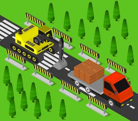 Isometric work in progress in vector on white background Stock Illustration