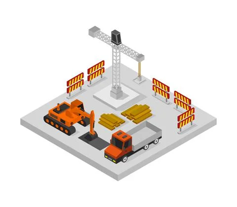 Isometric work in progress in vector on white background Stock Illustration