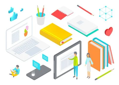 Isometric work supplies stationery vector illustration, cartoon 3d tiny business 스톡 일러스트
