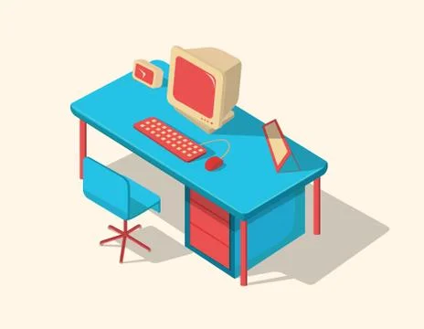 Isometric work table vector illustration with computer, calendar, clock. Stock-Illustration