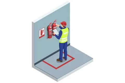 Isometric worker inspecting fire extinguishers with checklist Stock Illustration