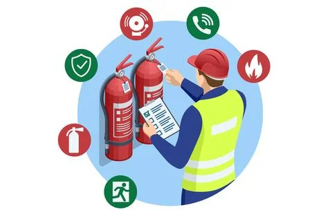 Isometric worker inspecting fire extinguishers with checklist Stock Illustration