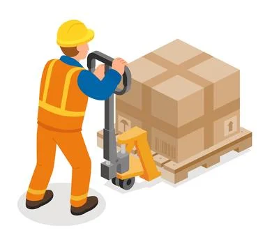 Isometric worker in orange uniform moving stacked big boxe on a pallet truc.. Stock Illustration