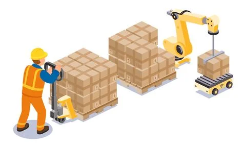 Isometric worker in orange uniform with pallet truck and robotic arm in war.. Stock Illustration