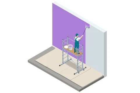 Isometric Worker painting the wall. Extensive scaffolding providing platforms Ilustración de archivo