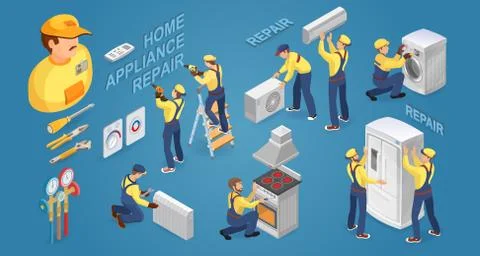 Isometric worker with tools and home appliances. Vector illustration. Illustrazione stock