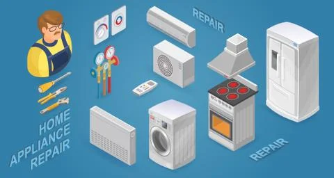 Isometric worker with tools and home appliances. Vector illustration. Illustrazione stock