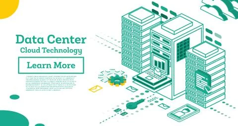 Isometric Working Data Center Full of Rack Servers and Supercomputers. イラスト素材