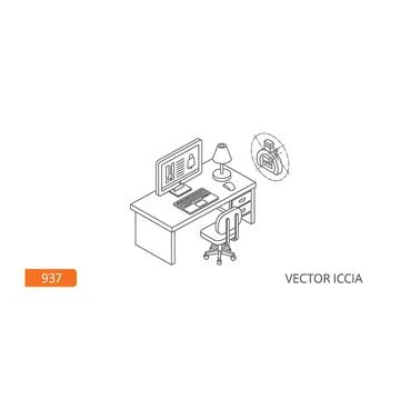 Isometric workspace with computer and digital productivity elements Stockillustratie