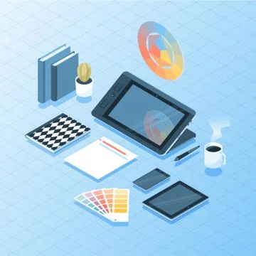 Isometric workspace of designer Stock Illustration